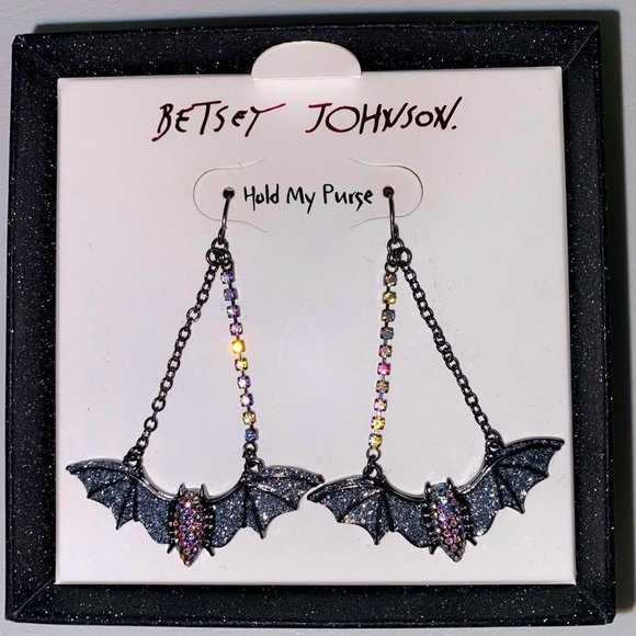 Betsey Johnson Halloween Iridescent Rhinestone Bat Goth Costume Earrings - Picture 3 of 6